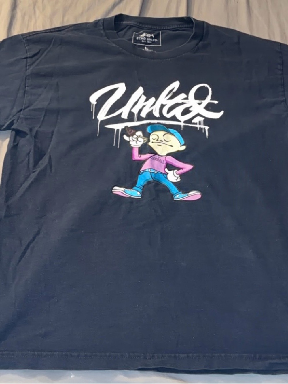 Ecko Unlimited Black Graphic Tee with White Logo and Multicolor Character